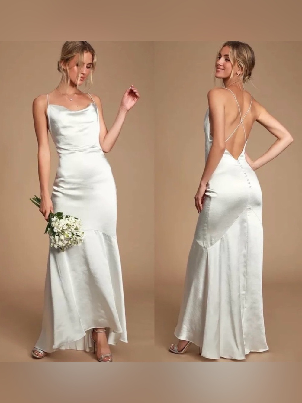 Elliatt Aisle Gown-Satin Cowl Neck Slip Dress with Open Back - White - Size M
